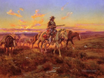 インディアナ カウボーイ Painting - 自由貿易者 1925年 チャールズ・マリオン・ラッセル インディアナ州のカウボーイ